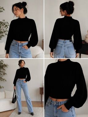 Forever 21 Black Mock Neck Cropped Balloon Sleeve Sweater